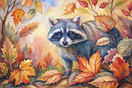 A raccoon with a curious expression stands on a mound of fallen leaves, its eyes focused on something out of frame. Autumn leaves of various colors swirl around it, creating a vibrant and charming scene.の素材