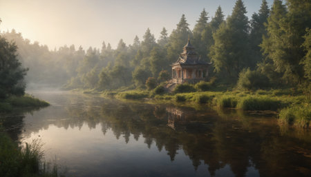 The morning mist hangs heavy in the air, creating a dreamy atmosphere around a tranquil river. A pagoda sits nestled in the forest on the bank, its reflection shimmering in the calm water. The golden light of dawn filters through the trees, casting long shadows across the scene.の素材