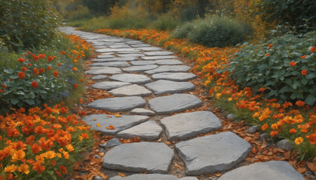 A stone path winds its way through a garden, lined with vibrant orange and yellow flowers. Fallen leaves blanket the ground, adding to the autumnal ambiance.の素材