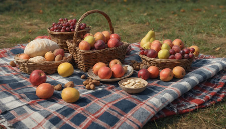 A wooden board laden with a variety of fresh fruits and nuts sits on a checkered picnic blanket spread out on the green grass. The sun casts warm light on the red, yellow, and green apples, along with pears and walnuts, showing the bounty of the harvest season.の素材