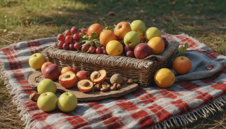 A wooden cutting board filled with a variety of fresh fruits, including pears, apples, plums, and grapes, rests on a checkered blanket. Two silver pitchers and a small basket of walnuts complete the scene, suggesting a relaxing autumn picnic in a peaceful natural setting.の素材
