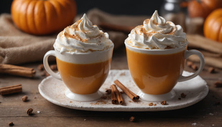 A steaming cup of pumpkin spice latte topped with whipped cream and cinnamon, surrounded by pumpkins and cinnamon sticks, creating a warm and inviting autumnal scene.の素材