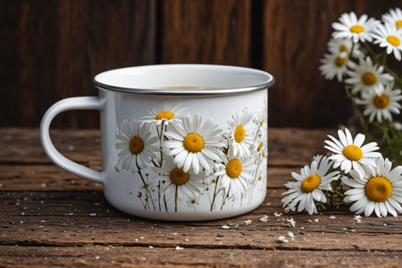 A white mug with a daisy pattern sits on a rustic wooden table, surrounded by a bouquet of daisies in a glass vase. The mug is partially visible, with its handle facing towards the right side of the image. The daisies are arranged in a cluster in the center of the image, with a few of them slightly out of focus. The background is a blurry wooden wall, providing a natural and rustic backdrop for the still life.の素材