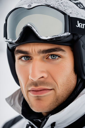 A close-up portrait of a man with a determined expression, wearing a ski helmet and goggles. He is looking directly at the camera, his blue eyes conveying focus and anticipation. The snowy backdrop suggests an outdoor winter setting.の素材