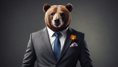 A brown bear, in a sharp gray suit and a blue patterned tie, stands against a muted gray background. The bear wears a small orange flower pinned to his lapel, adding a touch of whimsy to his sophisticated attire.の素材
