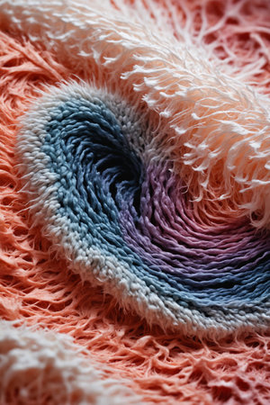 A close-up shot of a fabric with a swirling pattern in a rainbow of colors, including pink, blue, and white. The fabric has a fuzzy texture and a distinct circular pattern, creating a visually appealing and textured image.の素材
