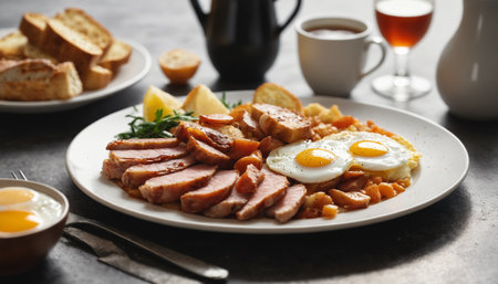 A white plate filled with a delicious breakfast spread featuring two perfectly fried eggs, crispy bacon, sweet potato slices, and a side of hash browns. The meal is set on a dark table with a glass of orange juice and two empty coffee cups in the background.の素材