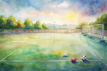 A watercolor painting depicts a soccer field with a goalpost on the left, green grass, white lines, and a single soccer ball. A pair of blue sneakers sits near a red ball in the foreground. The sun sets behind a line of trees, casting a warm glow over the scene.の素材