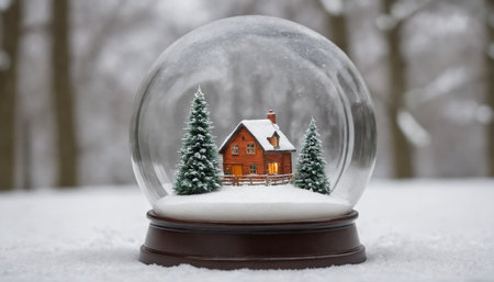 A charming log cabin nestled in a snow-covered forest captures the essence of winter. Surrounded by elegantly adorned evergreen trees, soft glowing lights emanate from the windows, casting a warm ambiance against the frosty backdrop. Snow falls gently, creating a serene and magical atmosphere.の素材