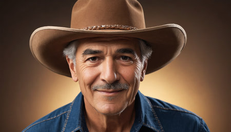 A close-up portrait of a mature cowboy with a weathered face, a hint of a smile playing on his lips, and a warm, knowing gaze. He is wearing a classic brown cowboy hat, a blue denim shirt, and has a neatly trimmed mustache. The background is a soft, warm brown.の素材