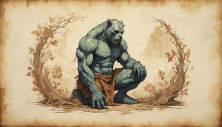 A detailed pencil drawing depicts a muscular werewolf-like creature standing amidst a tangled forest. Its imposing physique and sharp claws suggest a wild, untamed nature. The intense gaze and powerful stance convey a sense of dominance and primal strength.の素材