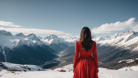 A woman in a red dress stands on a snowy mountaintop, overlooking a valley in the Canadian Rockies. The mountains are covered in snow and the sky is a pale blue. The womans figure is silhouetted against the distant peaks, creating a dramatic and beautiful scene.の素材