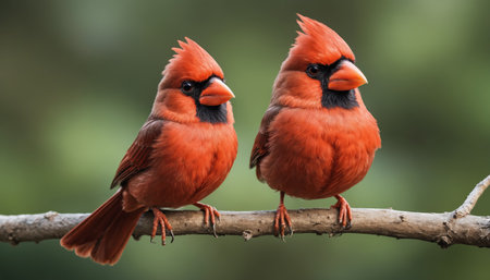 A digitally rendered image of a bright red bird, likely a cardinal, with a prominent, scowling expression. The bird is perched on a thin, bare branch, positioned against a plain off-white background. Its feathered plumage and sharp, black eyes contribute to its angry demeanor.の素材