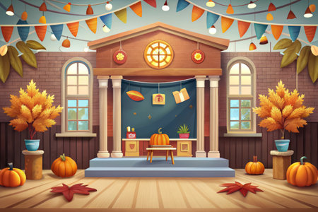 An empty classroom is decorated for the fall season, featuring a chalkboard with golden stars and autumn leaves, a table set with books and a clock, and a row of pumpkins in front of a window with colorful bunting strung across the ceiling.の素材