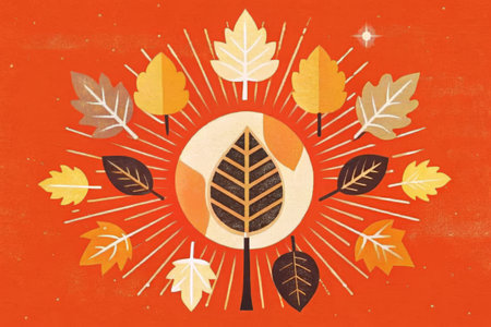 A vibrant illustration of a sunny autumn day, featuring a central maple leaf with half of its leaves turning brown. The leaves are surrounded by a burst of light rays, symbolizing the warmth of the season.の素材