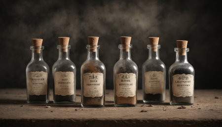 A collection of old glass bottles sits neatly on a weathered wooden shelf. Each bottle features faded labels, hinting at mysterious contents. The soft lighting enhances their vintage charm.の素材