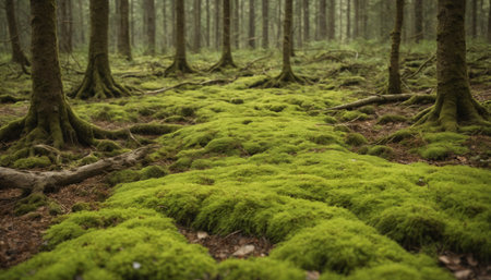 Amid towering trees, vibrant moss blankets the forest floor, creating a tranquil atmosphere enriched by soft morning light filtering through leaves, inviting peace and reflection.の素材