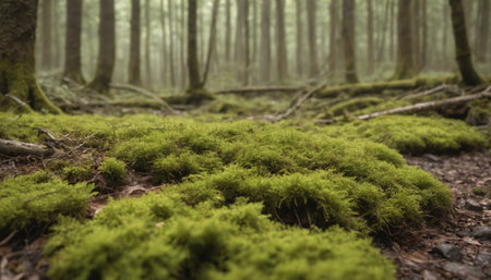 Vibrant green moss creates a soft carpet on the forest floor, inviting wanderers to explore the thriving woodland filled with tranquility and nature's beauty.の素材