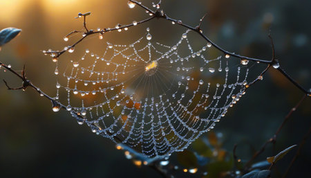 In the early morning light, delicate droplets of dew clinging to a spider web, shimmering as the sun rises over a serene garden filled with vibrant plants.の素材