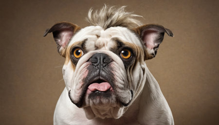 This playful bulldog captivates with its adorable expression and trendy, tousled fur, highlighting its vibrant personality against a pastel pink backdrop.の素材