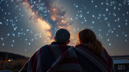 Under a breathtaking canopy of stars, two friends share a quiet moment, wrapped together in a cozy blanket, marveling at the cosmos that unfolds above them.の素材
