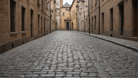 Wandering down this peaceful cobblestone pathway, one is surrounded by charming old structures that whisper stories of the past, inviting exploration under a soft, cloudy sky.の素材