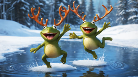 A cheerful green frog adorned with antlers jumps gleefully into a shimmering puddle, splashing white snowflakes, while evergreen trees blanket the serene winter landscape.の素材