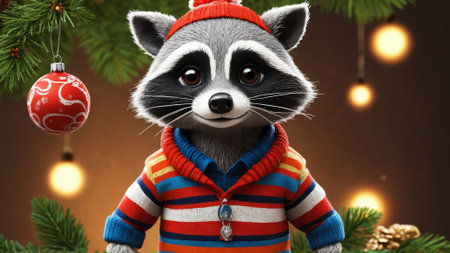 This delightful raccoon, dressed in a striped sweater and a red beanie, stands amidst holiday decorations, showing its charming smile against the backdrop of twinkling lights and ornaments.の素材
