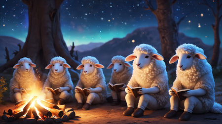 A group of sheep cozy up near a crackling campfire, one reading from a book while others listen intently, surrounded by serene nature and twinkling stars above.の素材