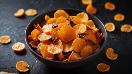 A bowl overflowing with bright, golden-orange crispy snacks catches the light, invitingly displayed on a textured surface. The contrast of colors highlights their crunchy allure.の素材