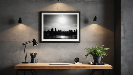 In a stylish interior, an empty frame hangs against a textured wall, accompanied by a vintage camera and a lush potted plant, creating a creative atmosphere filled with potential art moments.の素材