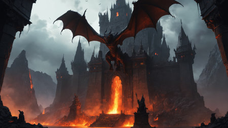 Beneath a stormy sky, a menacing dragon takes flight above a towering castle engulfed in flames, creating an ominous atmosphere filled with power and mystery.の素材