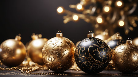 Richly decorated black and gold Christmas ornaments sit gracefully on an ornate tray, surrounded by warm, twinkling lights, evoking a festive and luxurious holiday ambiance.の素材