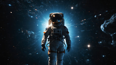 An astronaut drifts in the endless depths of space, surrounded by brilliant stars and cosmic dust. The ethereal glow highlights the scene, showcasing the breathtaking beauty of the universe.の素材