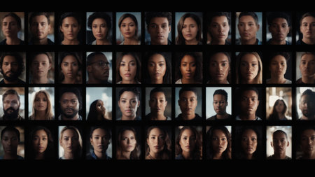 A captivating collection showing the diverse expressions of individuals, each with their unique story. The montage highlights the richness of human emotions and connections.の素材