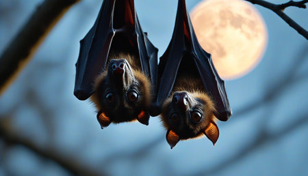 Two bats dangle peacefully from a branch, their silhouettes framed by the luminous glow of the moon against a deepening twilight sky, creating a serene atmosphere.の素材