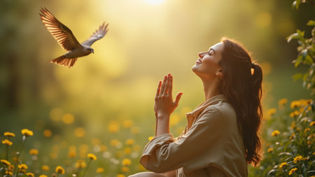 In a sun-kissed meadow filled with vibrant flowers, a woman peacefully sits, hands clasped in prayer, while a graceful bird soars above, embodied tranquility and harmony with nature.の素材