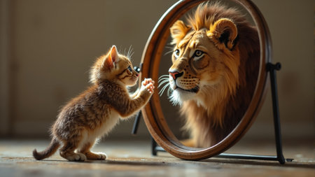 A curious little kitten faces a mirror, where it sees a regal lion looking back. This enchanting highlights encounter the contrast between youthfulness and strength, sparkling imagination.の素材