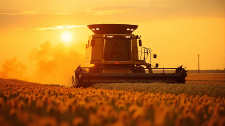 A combine harvester works diligently at sunset, silhouetted against a golden sky, as it harvests ripe wheat in a sprawling field, creating a picturesque moment of rural life.の素材