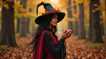 In the heart of a serene forest adorned with fall foliage, a mysterious figure in a witch's hat delicately cradles a bright red apple.の素材