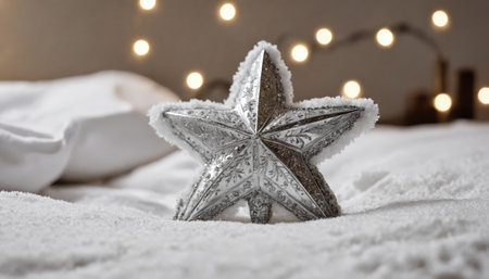 A stunning silver star ornament sits atop a blanket of soft white snow, illuminated by the gentle glow of twinkling lights, evoking holiday cheer and warmth.の素材