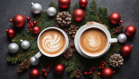 A warm cup of coffee sits elegantly on a white saucer, embraced by vibrant red and gold ornaments nestled among lush evergreen branches, evoking a festive atmosphere.の素材
