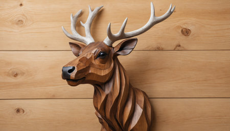 This intricately carved wooden deer head brings a touch of nature indoors, showcasing exceptional craftsmanship and the natural beauty of wood against a warm wall.の素材