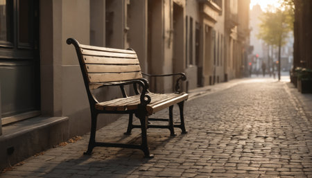 A solitary bench sits quietly on a cobblestone street, illuminated by the warm golden light of sunset, inviting moments of reflection amid the calm ambiance of the neighborhood.の素材