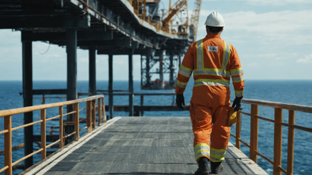 Dressed in safety gear, a worker strides confidently across the metal walkway toward the imposing offshore oil rig, surrounded by vast blue waters under a clear sky.の素材