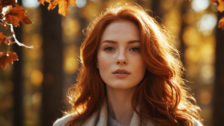 In a serene forest bathed in golden sunlight, a young woman exudes confidence surrounded by vibrant autumn leaves, highlighting the beauty of nature and the changing seasons.の素材