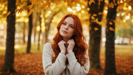 Golden sunlight filters through colorful leaves as a young woman stands thoughtfully amidst the autumn landscape, her red hair glowing vividly against the fallen foliage.の素材