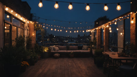 A tranquil rooftop setting with soft seating surrounded by glowing lanterns, creates an inviting atmosphere to enjoy the stunning sunset and city skyline in the fading light of the evening.の素材