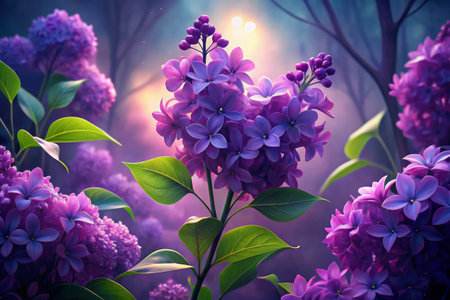 Delicate clusters of lilac flowers blossom vibrantly, absorbing the soft glow of moonlight filtering through a serene forest. The air is fragrant with their sweet scent while a magical ambiance envelops the surroundings. Each petal dances gently in the evening breeze as nature awakens with a tranquil charm.の素材