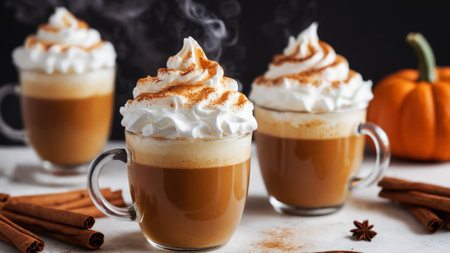 Delicious lattes sit elegantly in glass mugs, crowned with fluffy whipped cream and a dusting of spices. A festive pumpkin rests nearby, capturing the essence of fall.の素材